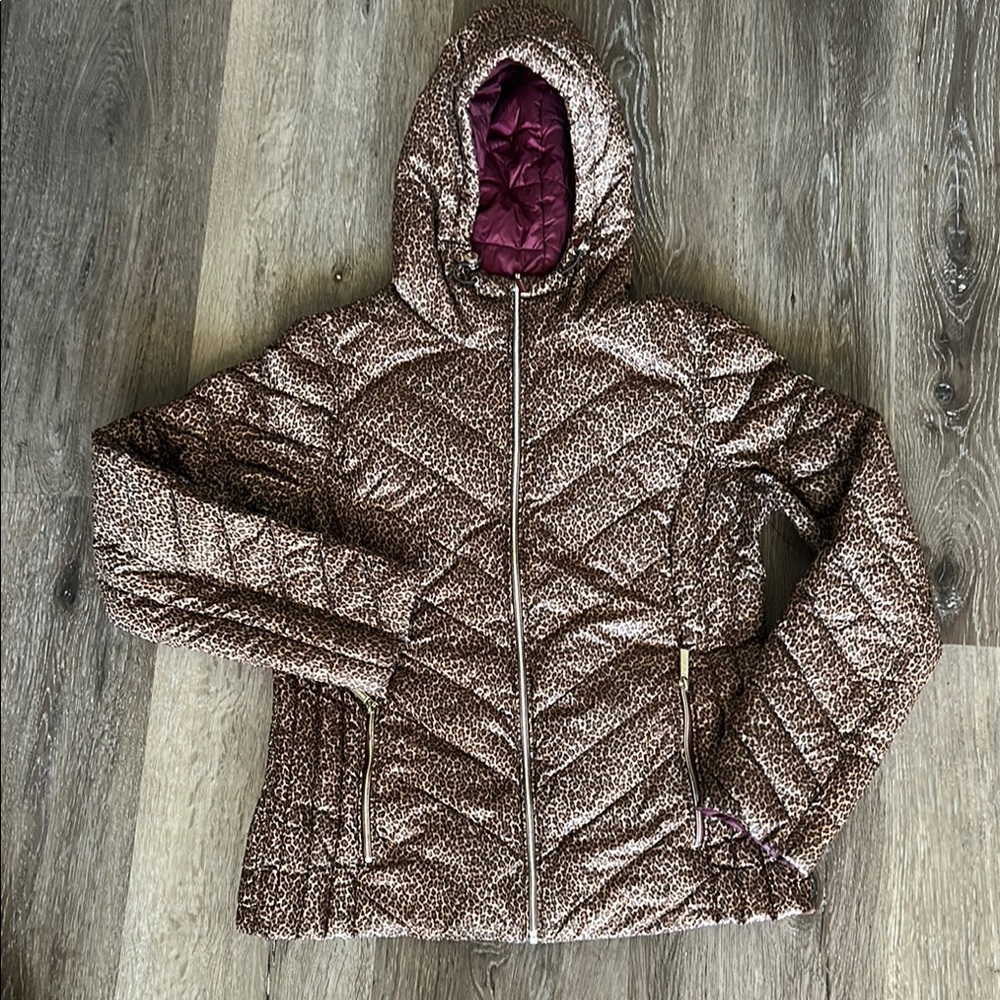 Michael Kors Brown Leopard Print & Maroon Reversible Down Puffer Jacket
